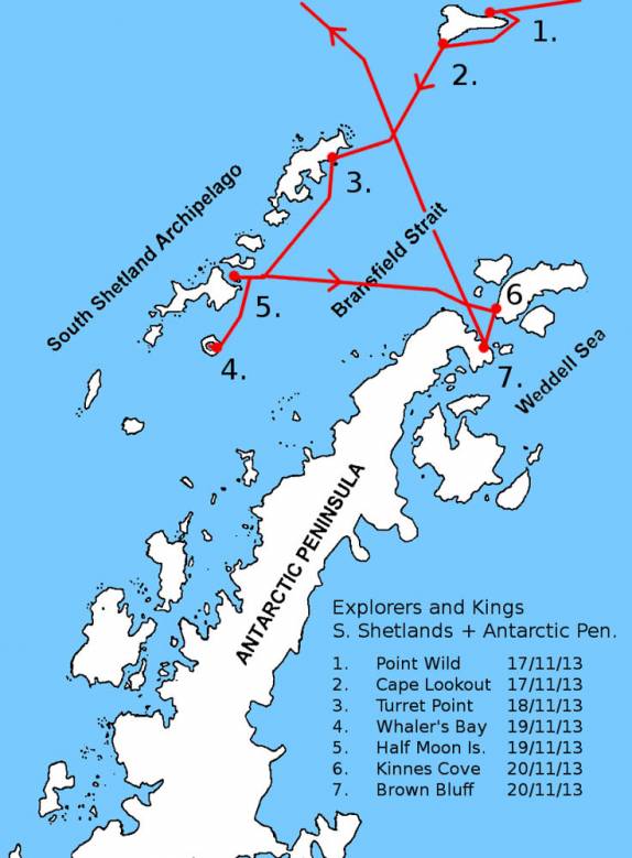 Nosso roteiro e pontos de parada na região da Península Antártica
